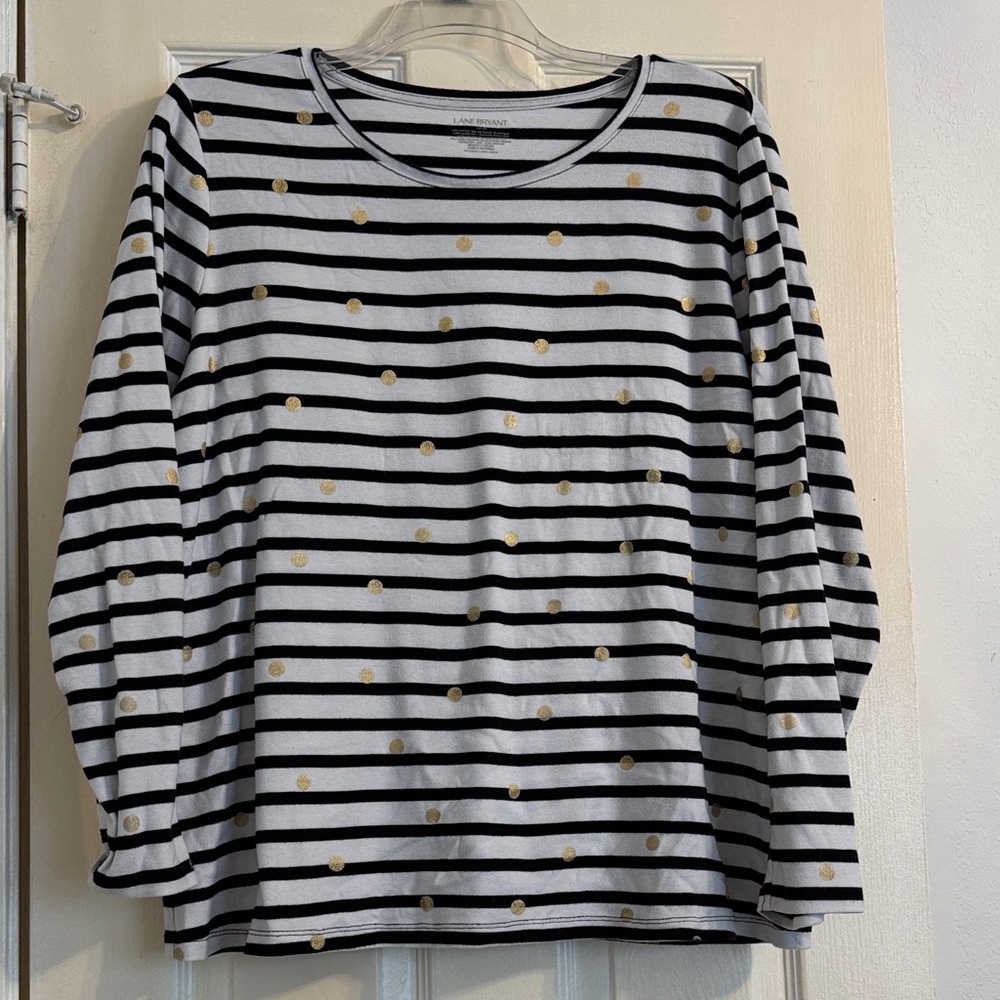 Lane Bryant Navy and White Striped Long Sleeve Tee with Gold Dots